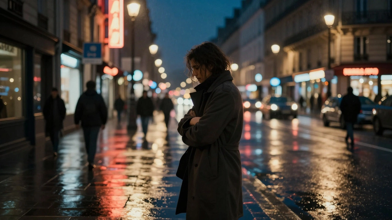 A solitary figure standing alone on a rainy Paris street at night.