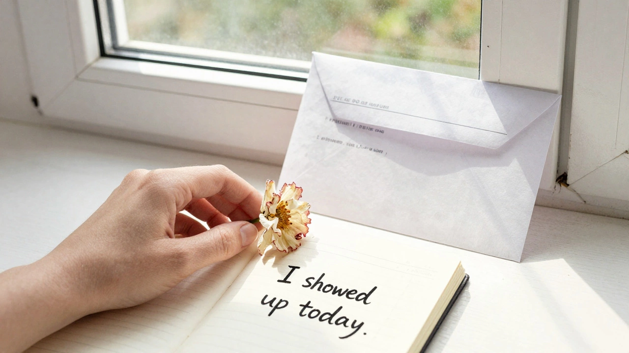 A wilting flower beside an unopened exam result on a windowsill.